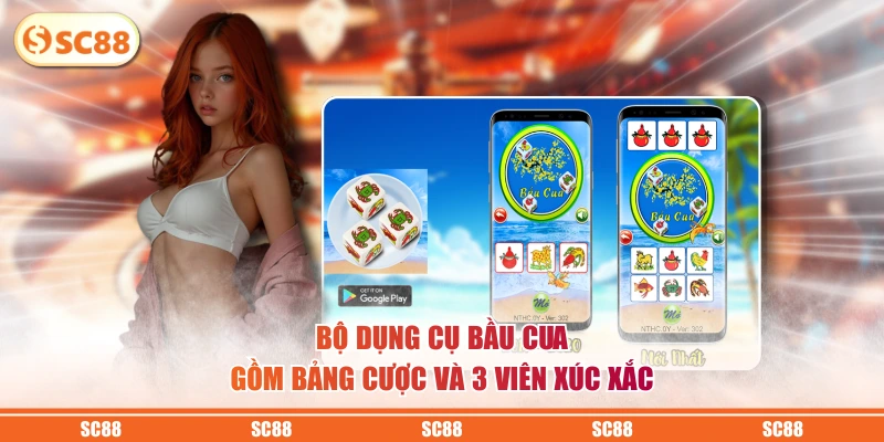 Bộ dụng cụ bầu cua gồm bảng cược và 3 viên xúc xắc